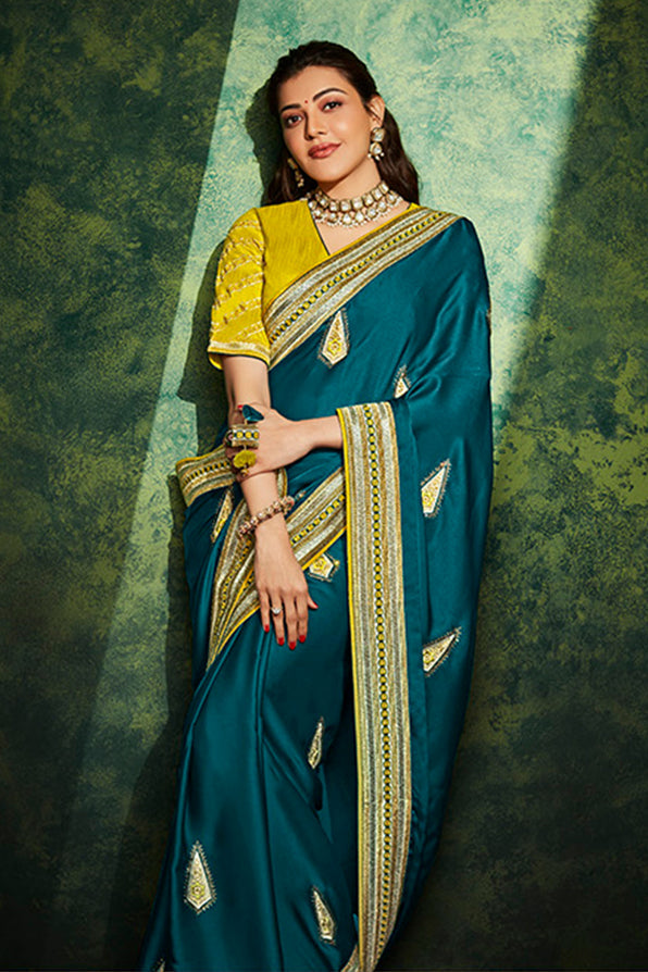 Elm Greenish Blue and Yellow South Silk Saree