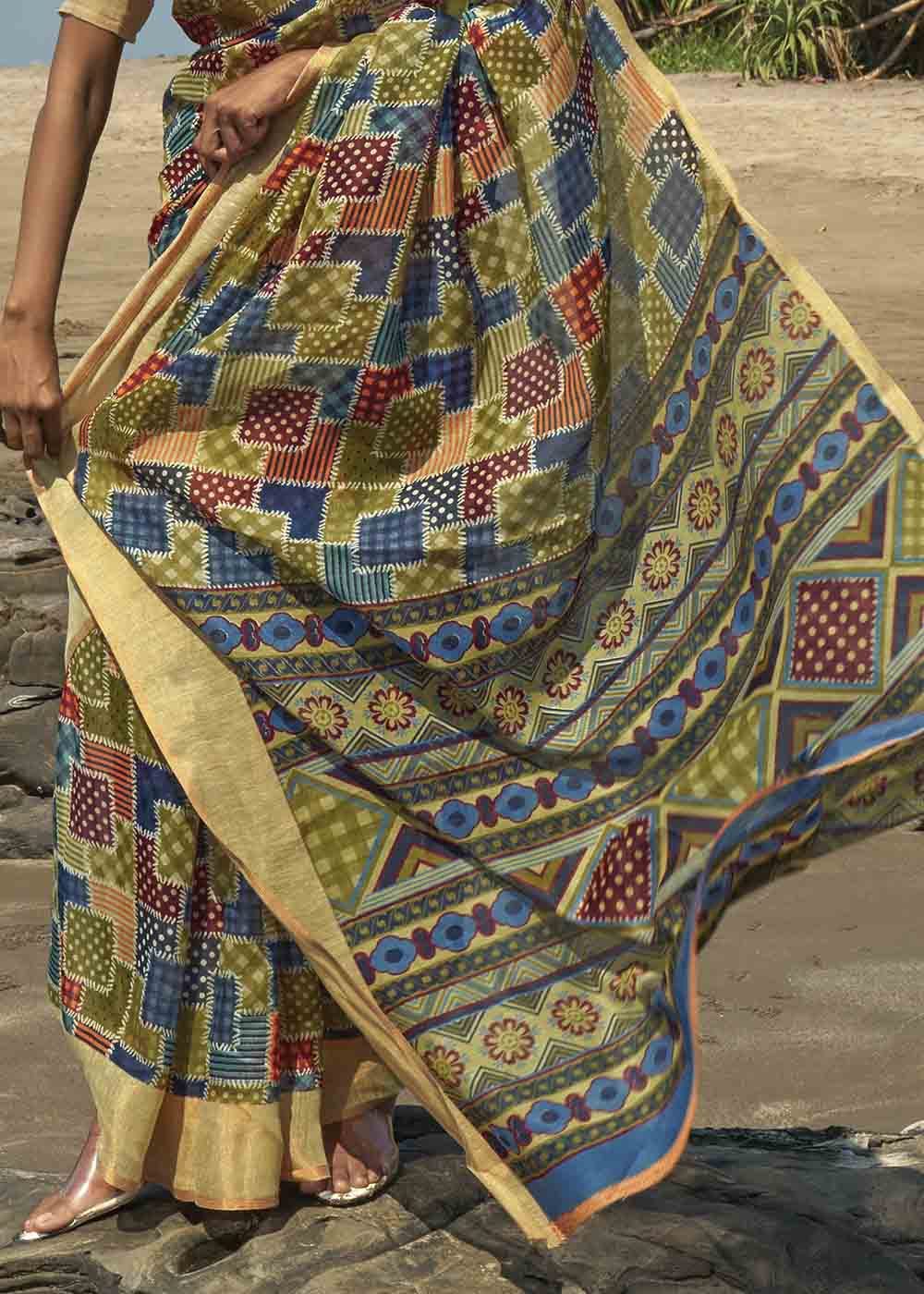 Metal Green and Blue Printed Cotton Saree