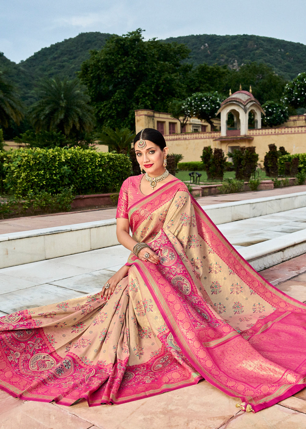 Orleans Cream and Pink Designer Banarasi Saree