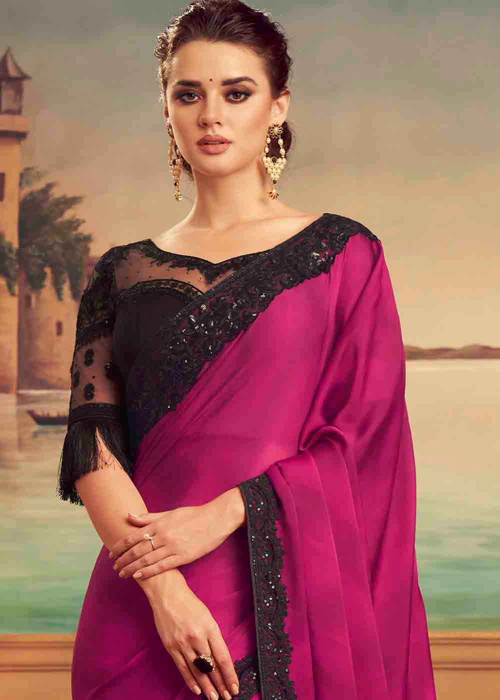 Blush Pink and Black Embroidered Satin Silk Designer Saree