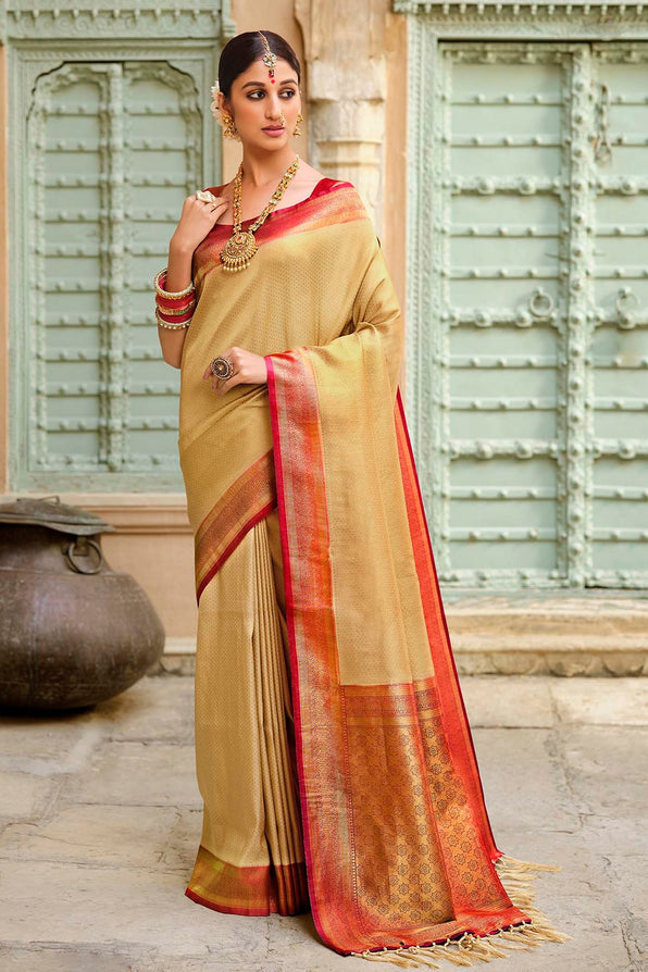 Marzipan Cream and Red Zari Woven Kanjivaram Saree