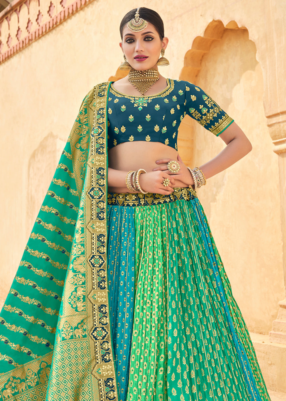 Jade Blue and Green Heavy Embroidered Lehenga