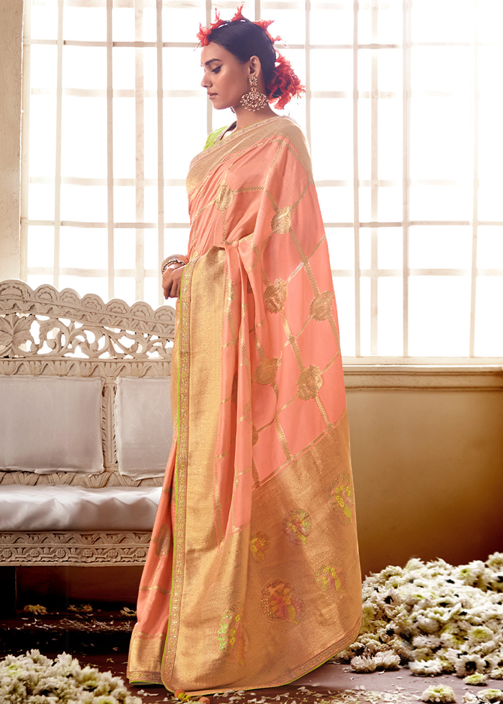 Tan Peach and Green Banarasi Saree with Designer Blouse