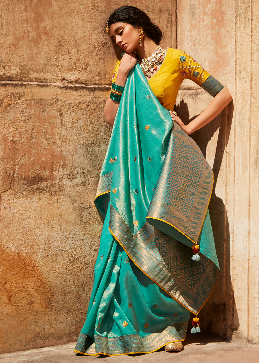 Ocean Blue and Yellow Zari Woven Designer Banarasi Saree