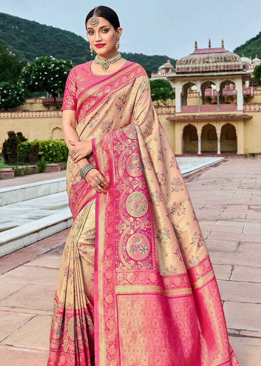 Orleans Cream and Pink Designer Banarasi Saree