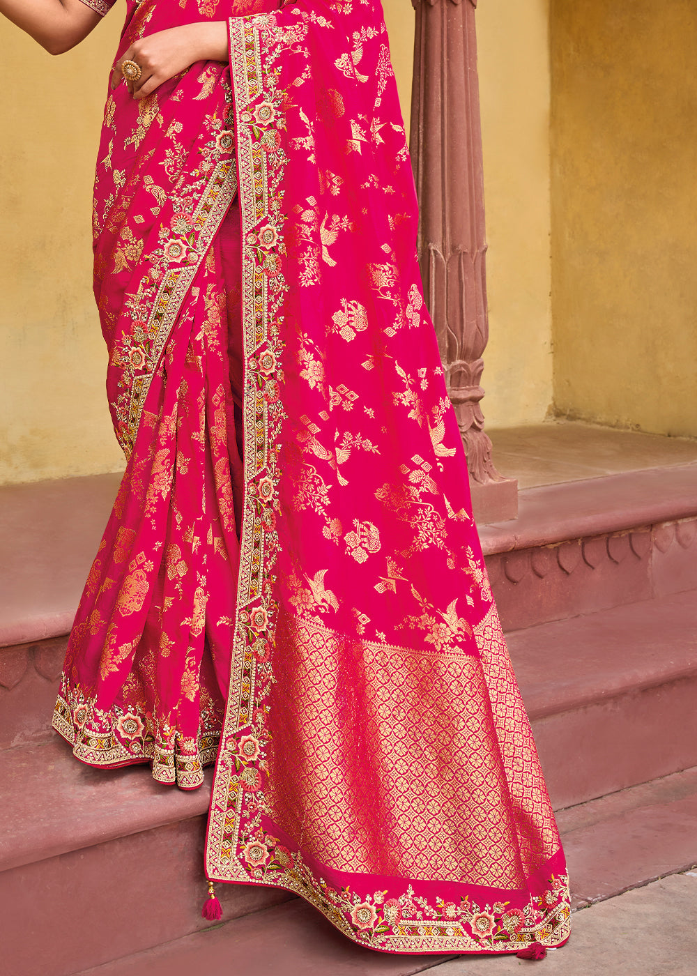 Carnation Pink Embroidered Dola Silk Saree