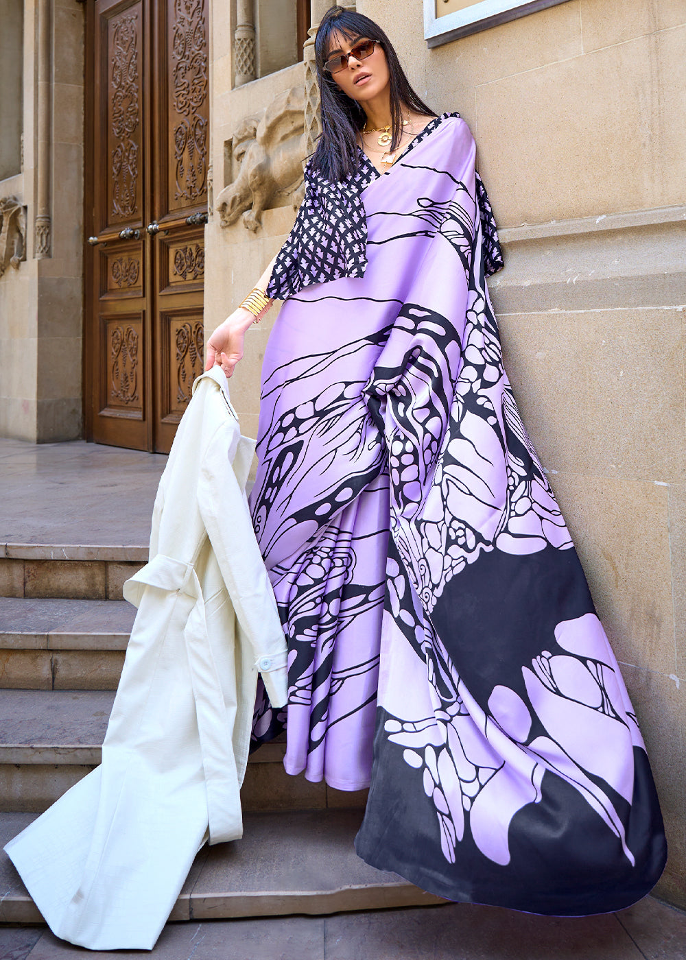 Purple Bayoux Printed Satin Crepe Sarees