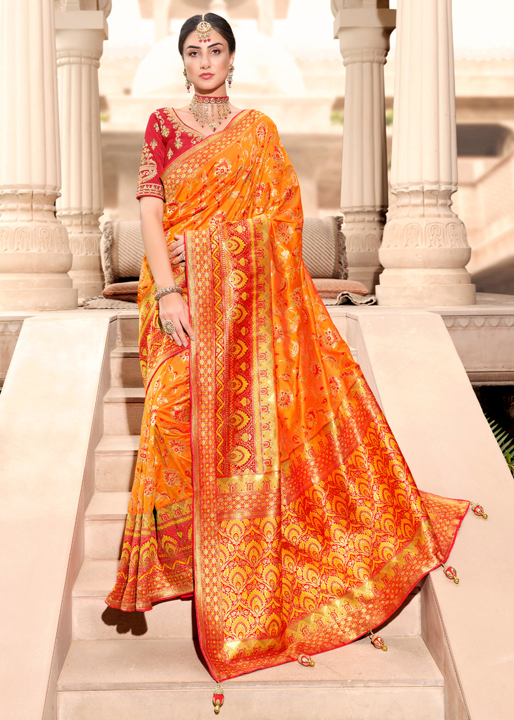 Burnt Orange and Red Woven Designer Banarasi Silk Saree