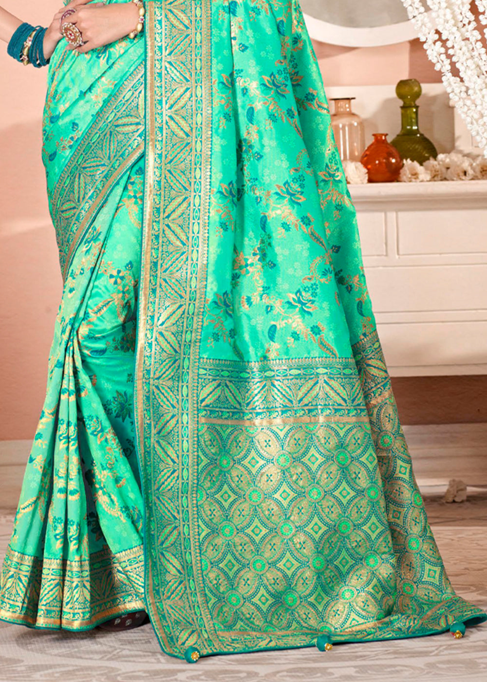 Eucalyptus Green Zari Woven Banarasi Saree with Designer Blouse