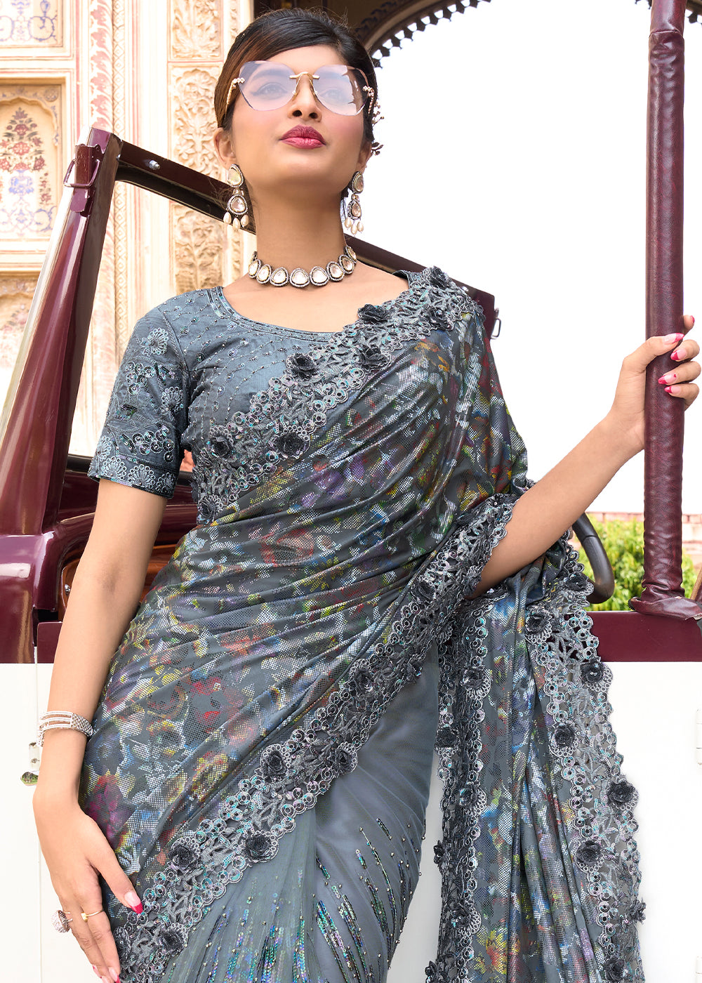 Slate Grey Designer Silk Saree