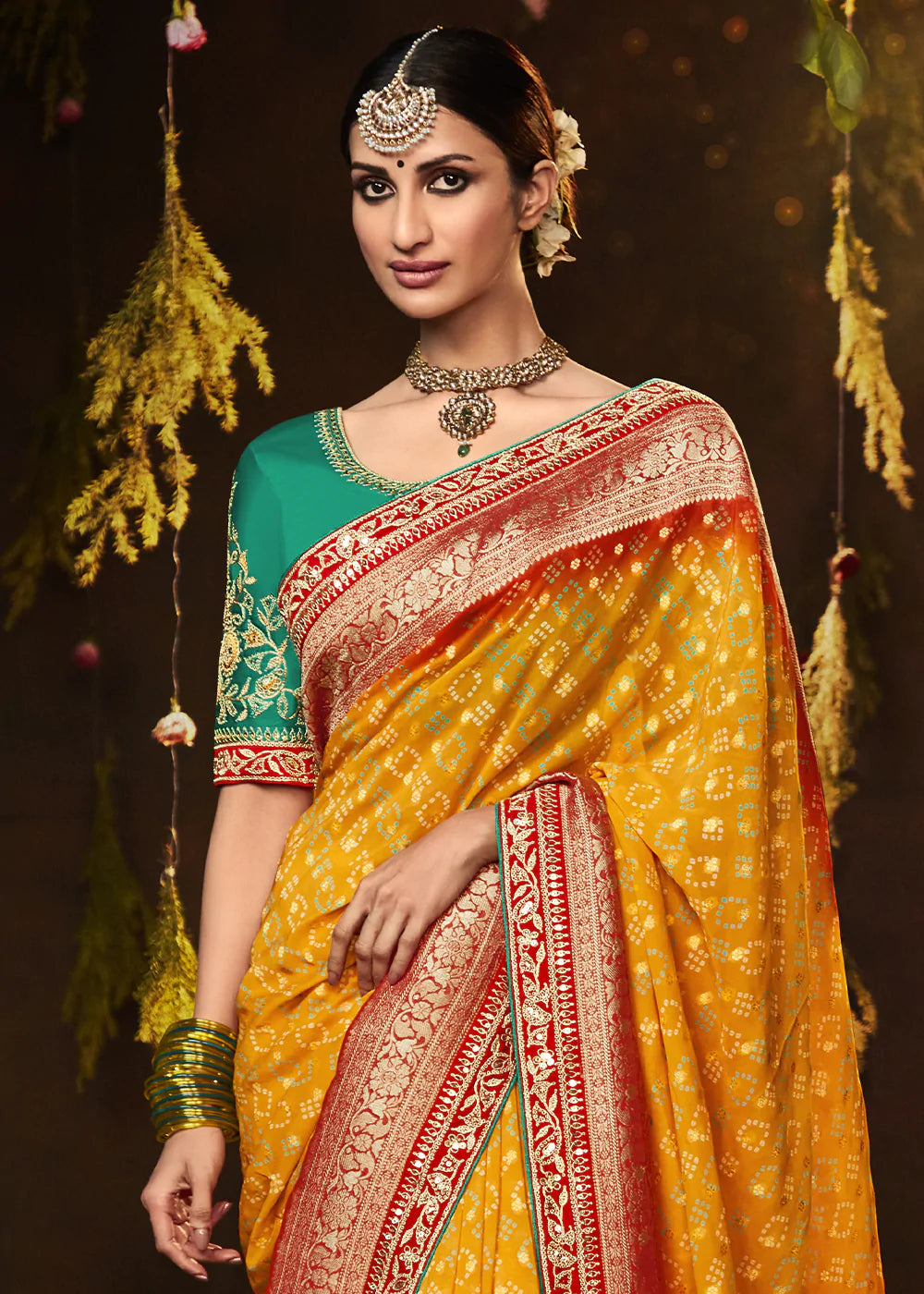 Ochre Orange Woven Georgette Designer Saree with Embroidered Blouse