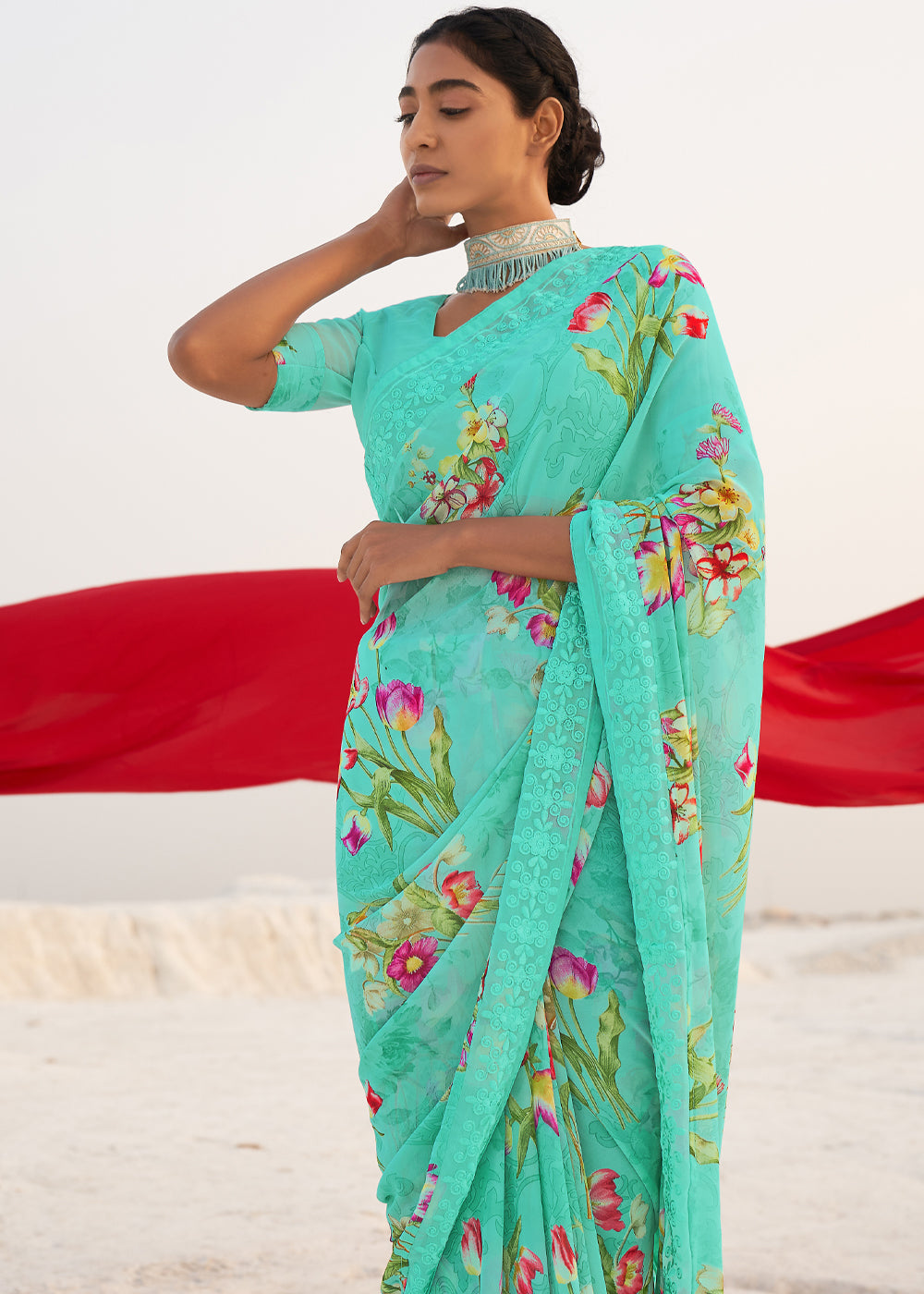 Spray Blue Digital Printed Chiffon Saree