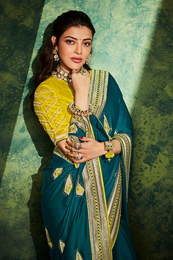 Elm Greenish Blue and Yellow South Silk Saree