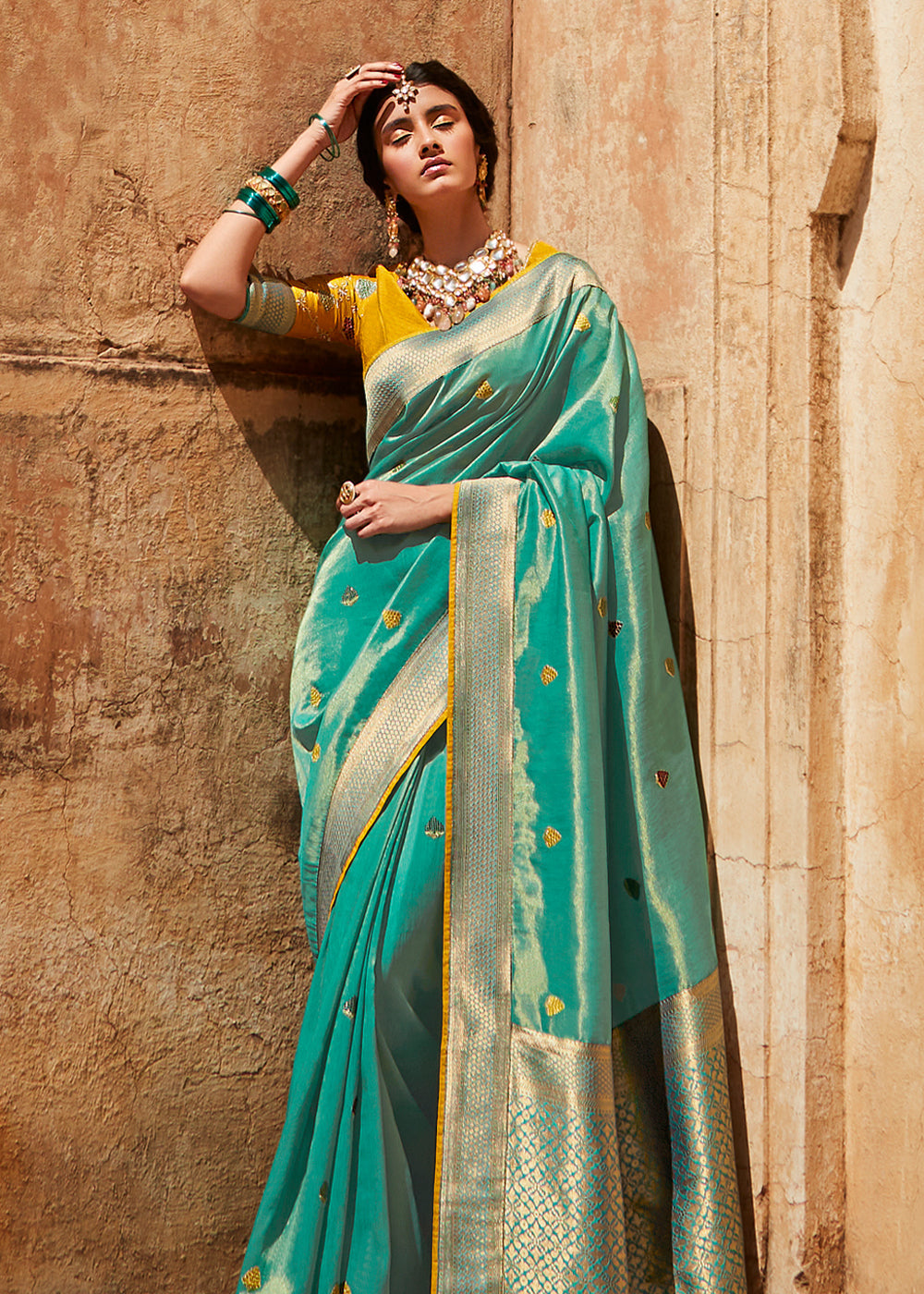 Ocean Blue and Yellow Zari Woven Designer Banarasi Saree