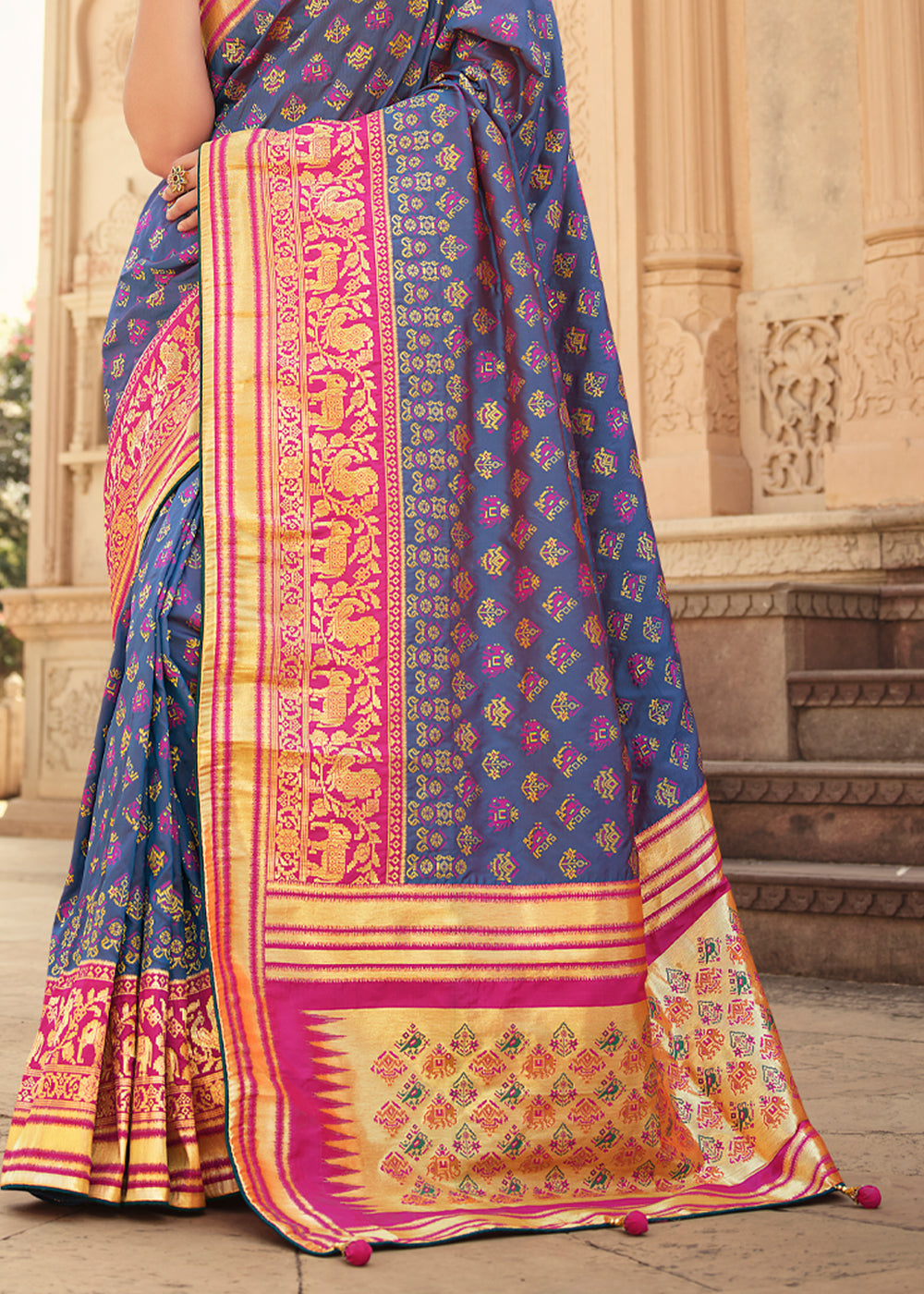 Comet Blue and Pink Zari Woven Banarasi Saree with Designer Blouse