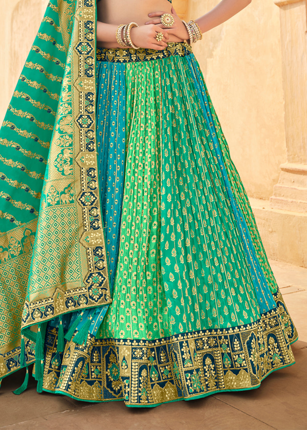 Jade Blue and Green Heavy Embroidered Lehenga