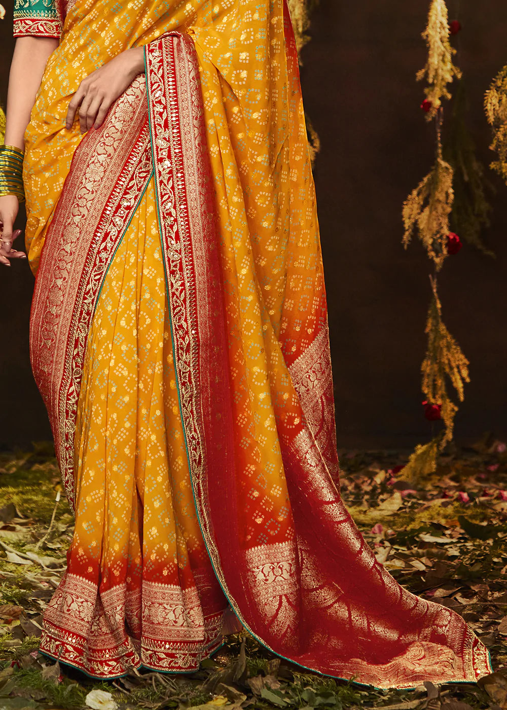 Ochre Orange Woven Georgette Designer Saree with Embroidered Blouse