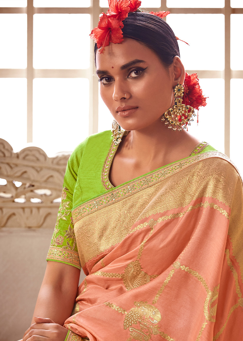 Tan Peach and Green Banarasi Saree with Designer Blouse