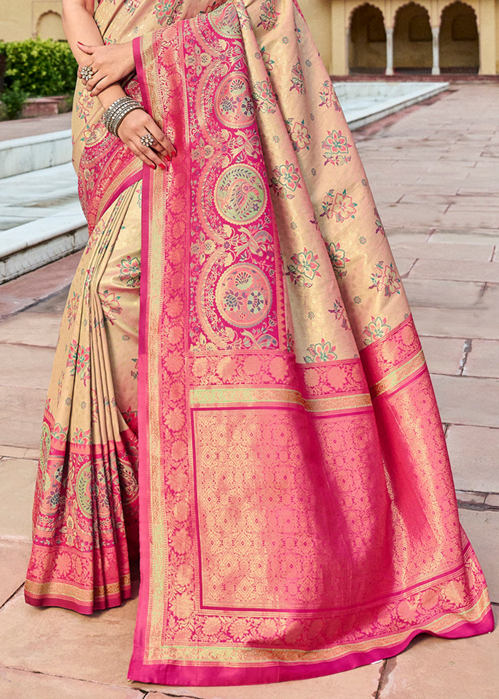 Orleans Cream and Pink Designer Banarasi Saree