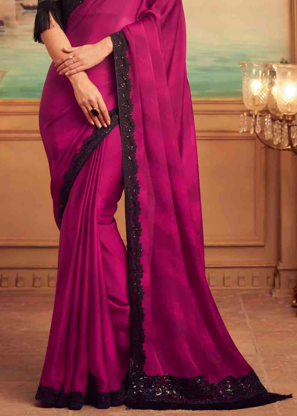 Blush Pink and Black Embroidered Satin Silk Designer Saree