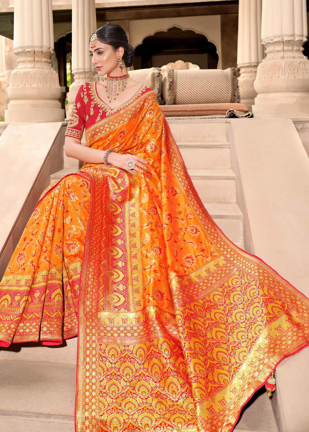 Burnt Orange and Red Woven Designer Banarasi Silk Saree