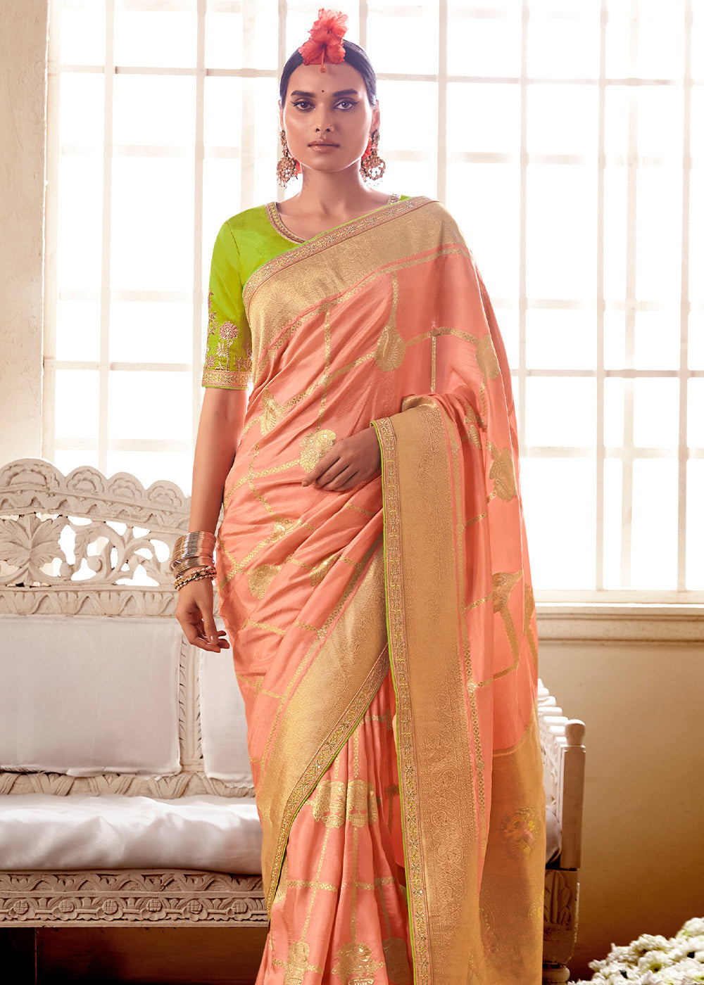 Tan Peach and Green Banarasi Saree with Designer Blouse