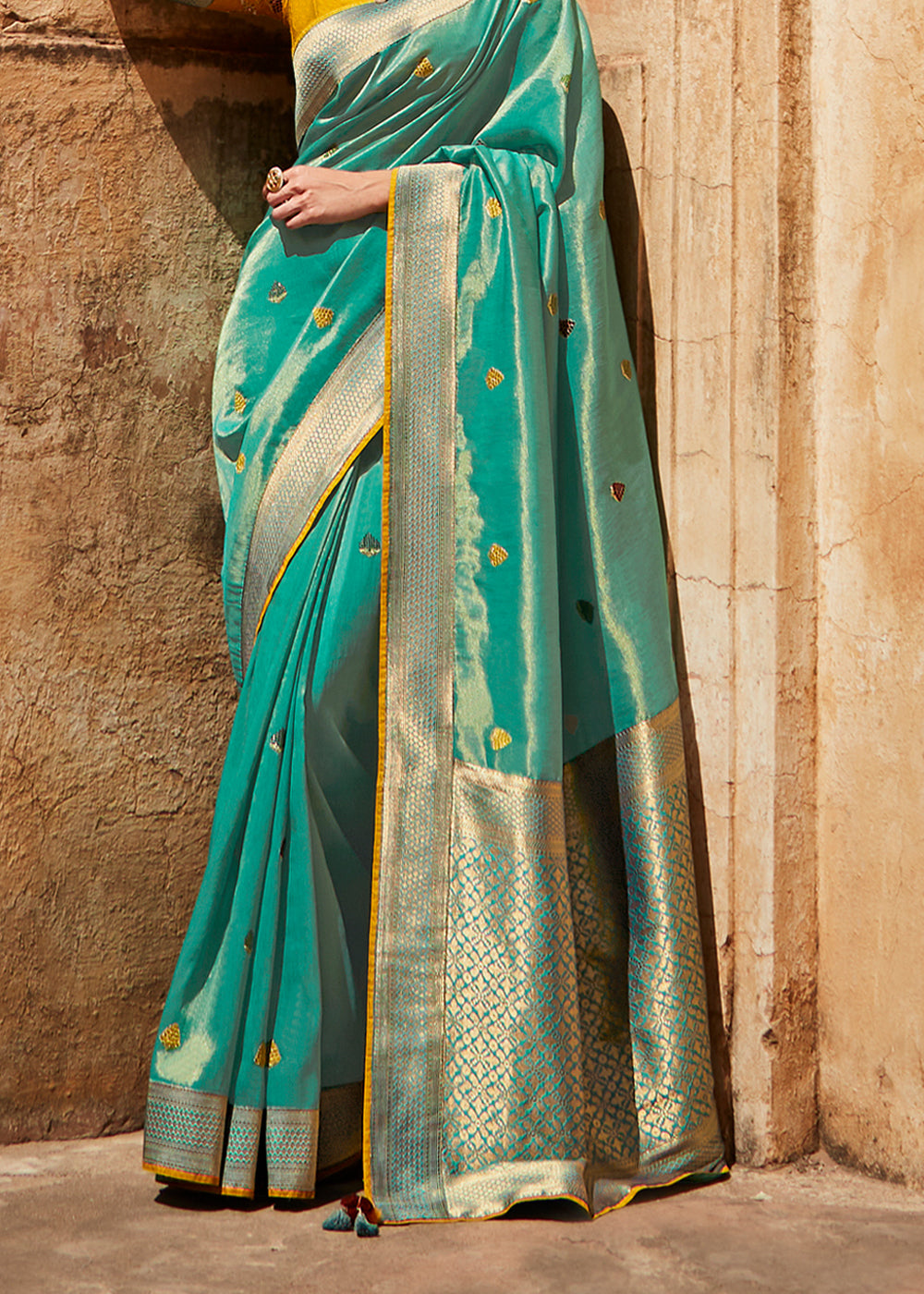 Ocean Blue and Yellow Zari Woven Designer Banarasi Saree