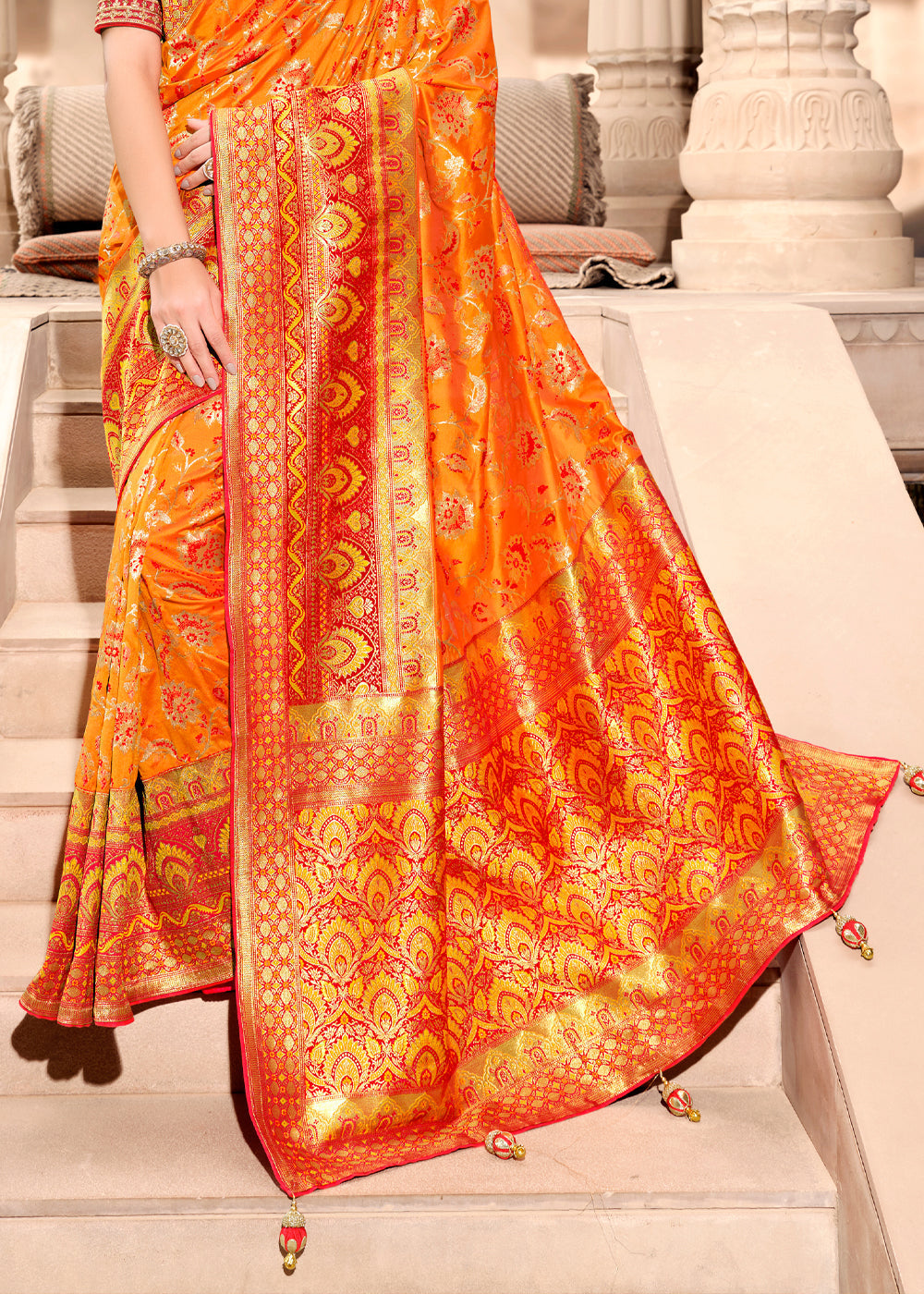 Burnt Orange and Red Woven Designer Banarasi Silk Saree