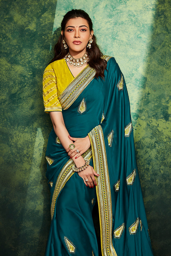 Elm Greenish Blue and Yellow South Silk Saree