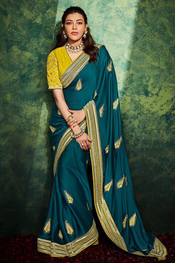 Elm Greenish Blue and Yellow South Silk Saree