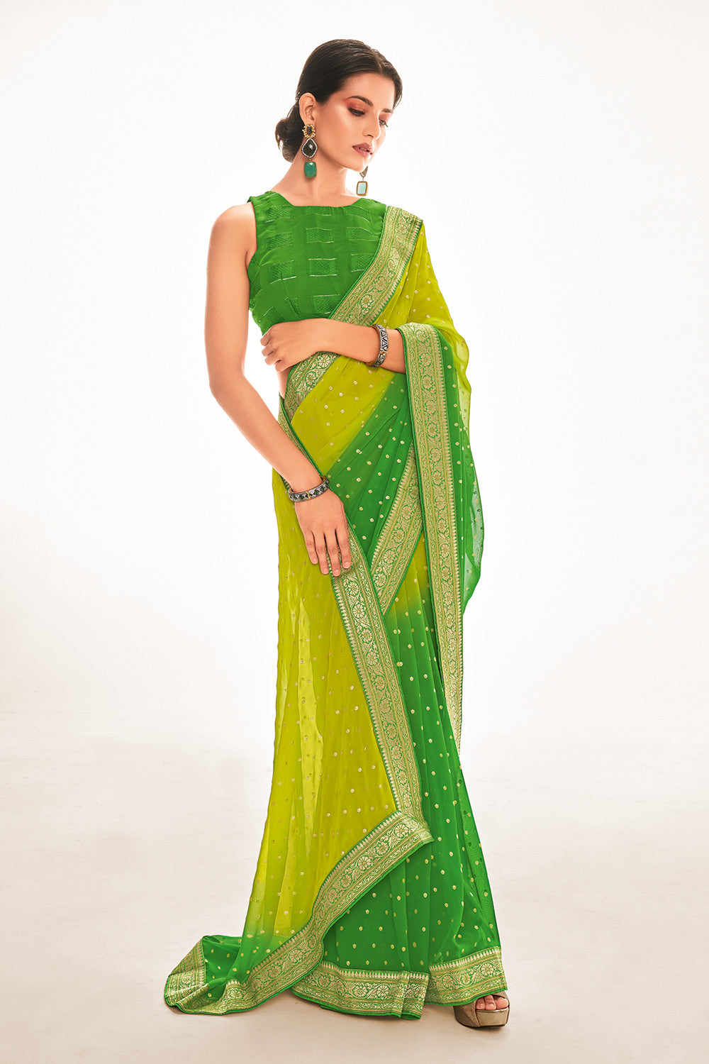 Forest Green Printed Georgette Saree