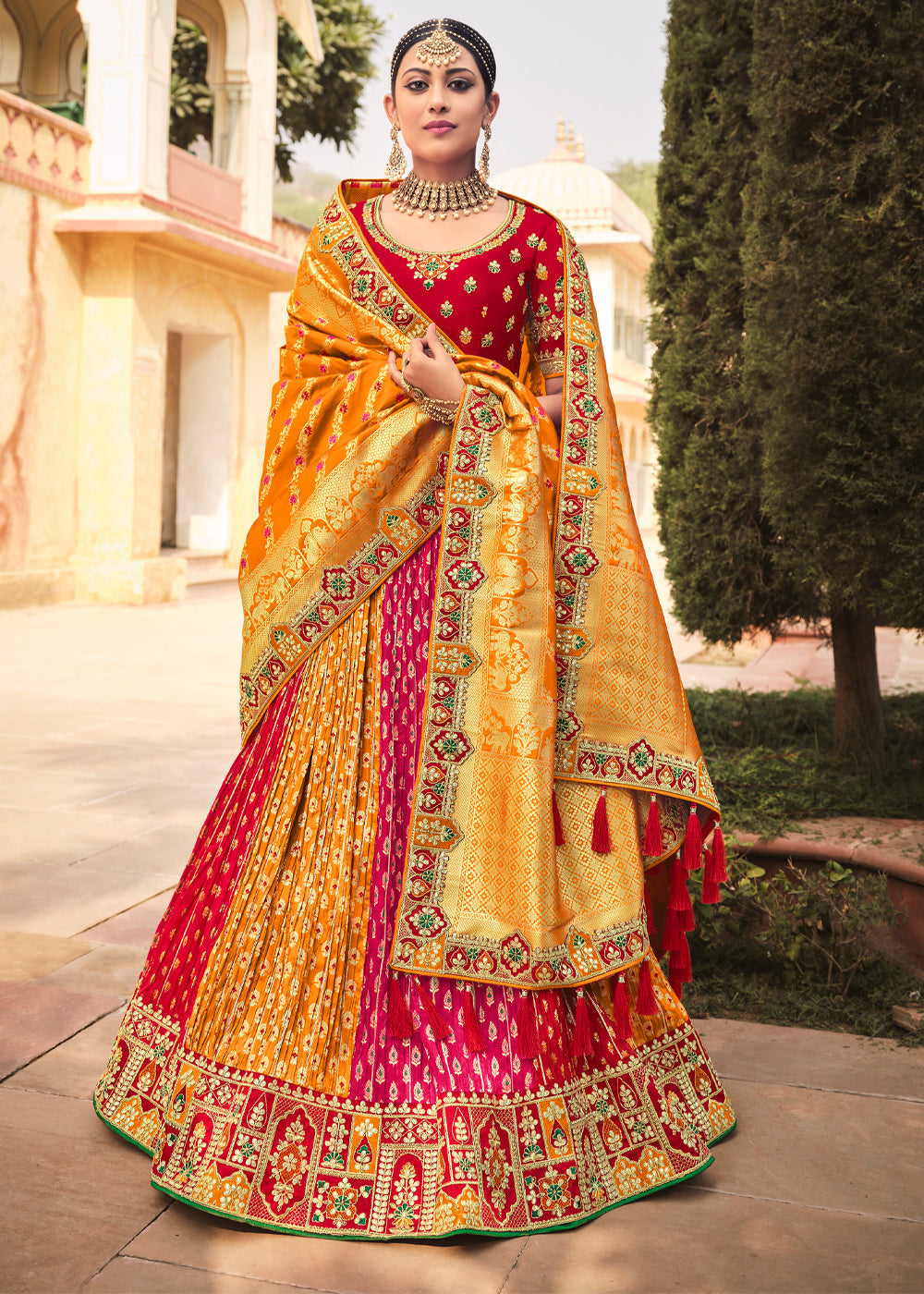 Ochre Orange and Heavy Embroidered Lehenga