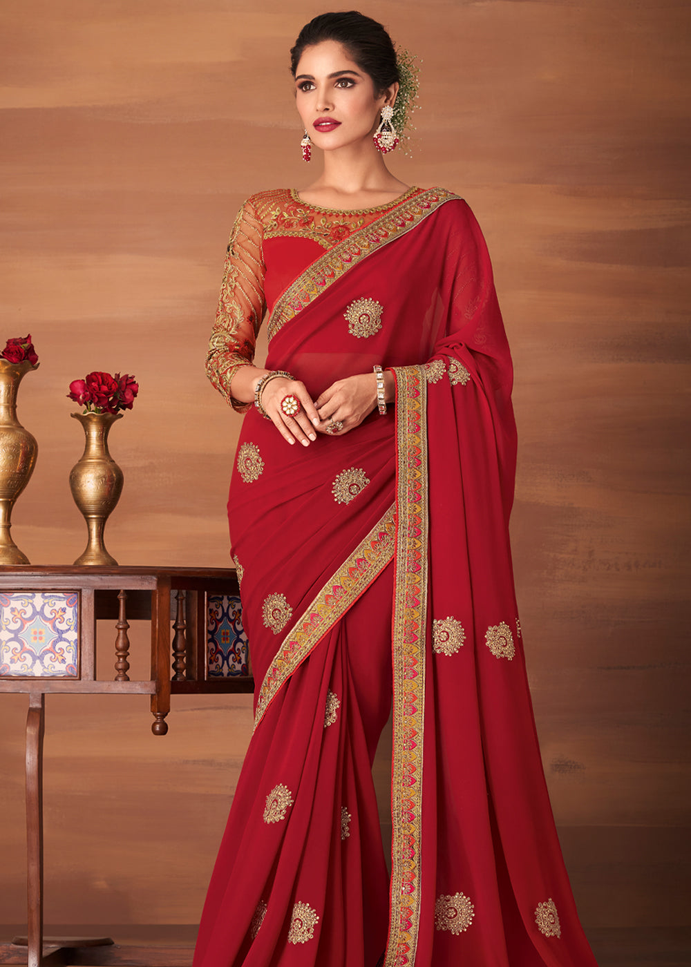 Chestnut Rose Red Designer Saree with Embroidered Blouse