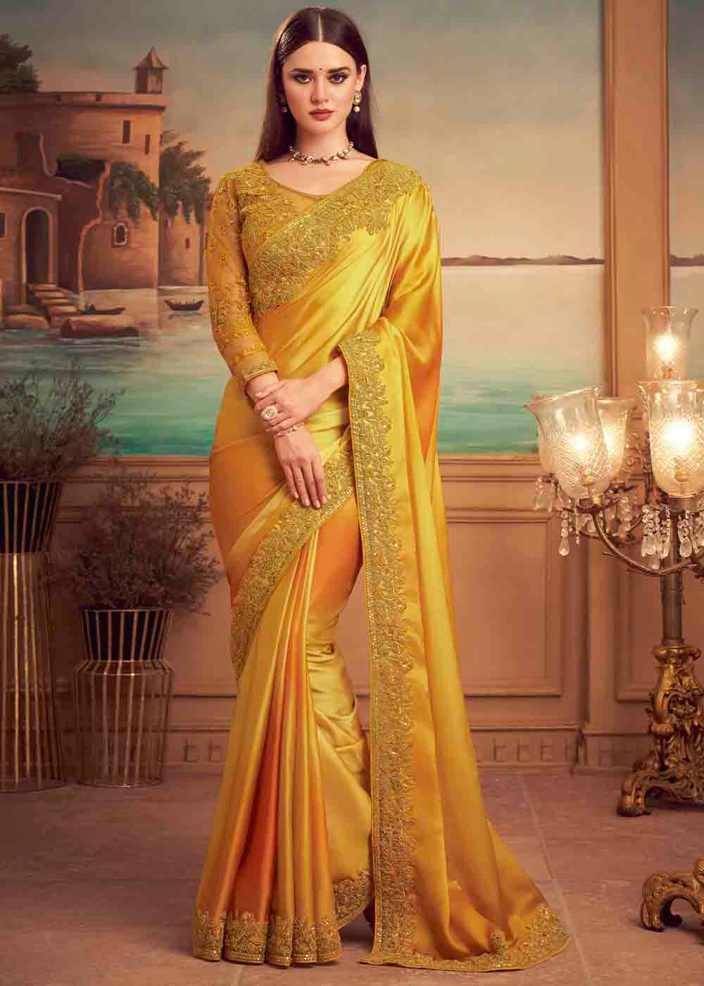 Ochre Yellow Embroidered Satin Silk Designer Saree