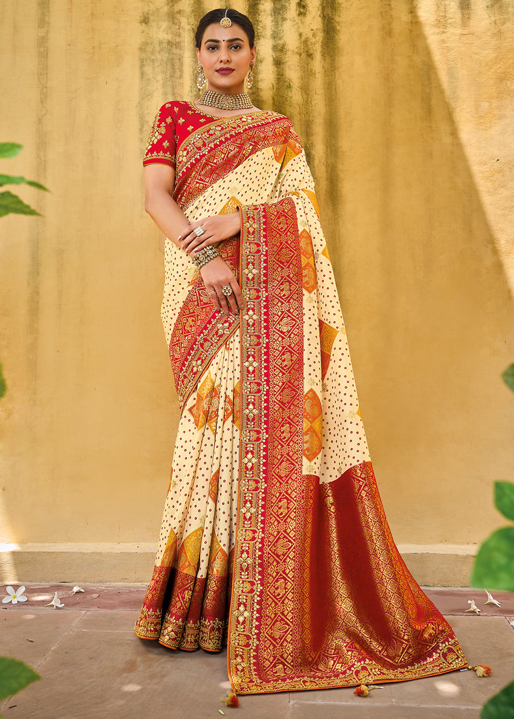 Banana Cream and Red Embroidered Dola Silk Saree