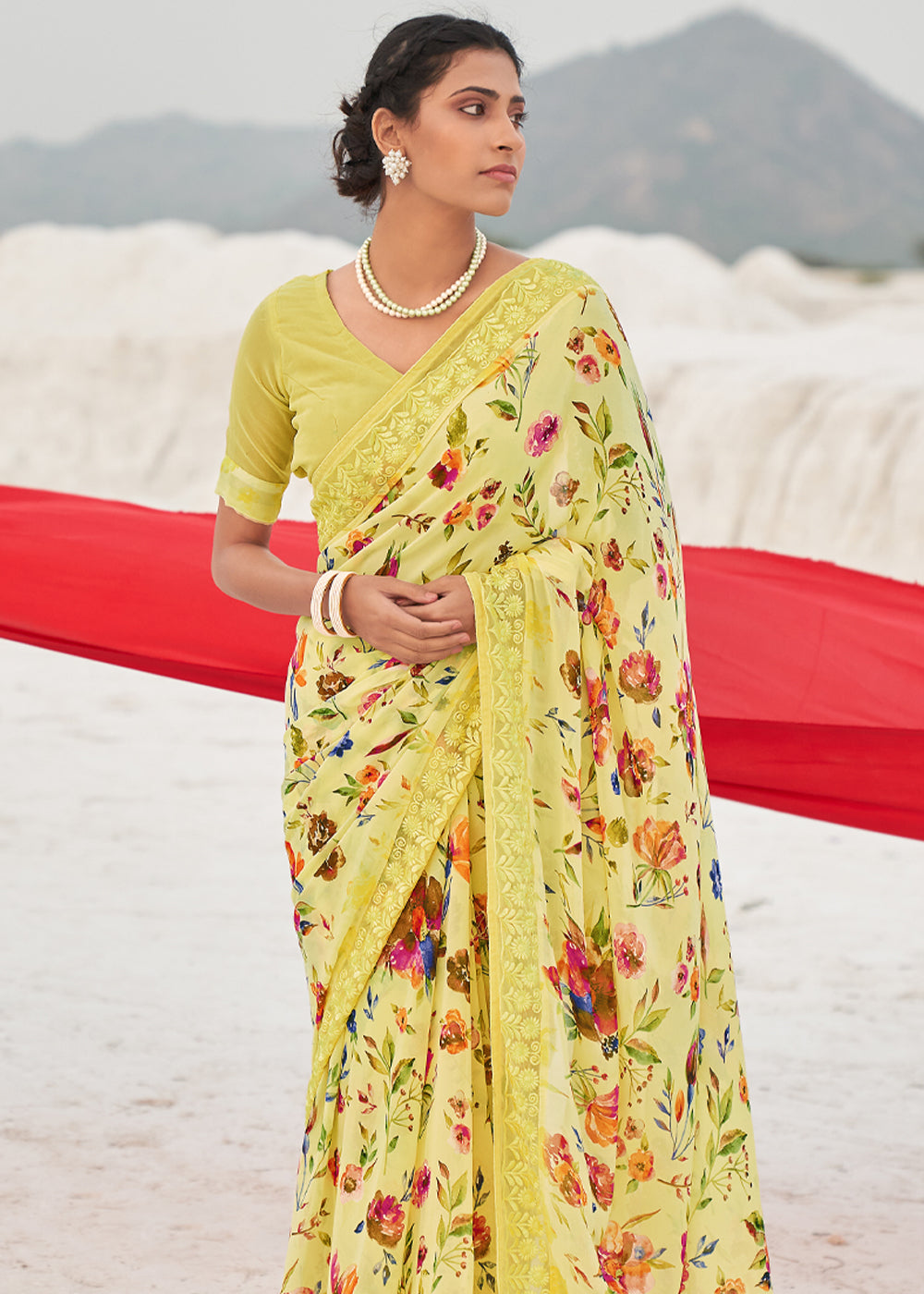 Flax Yellow Digital Printed Chiffon Saree