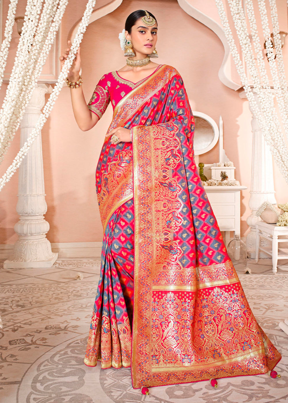 Rose Pink Zari Woven Banarasi Saree with Designer Blouse