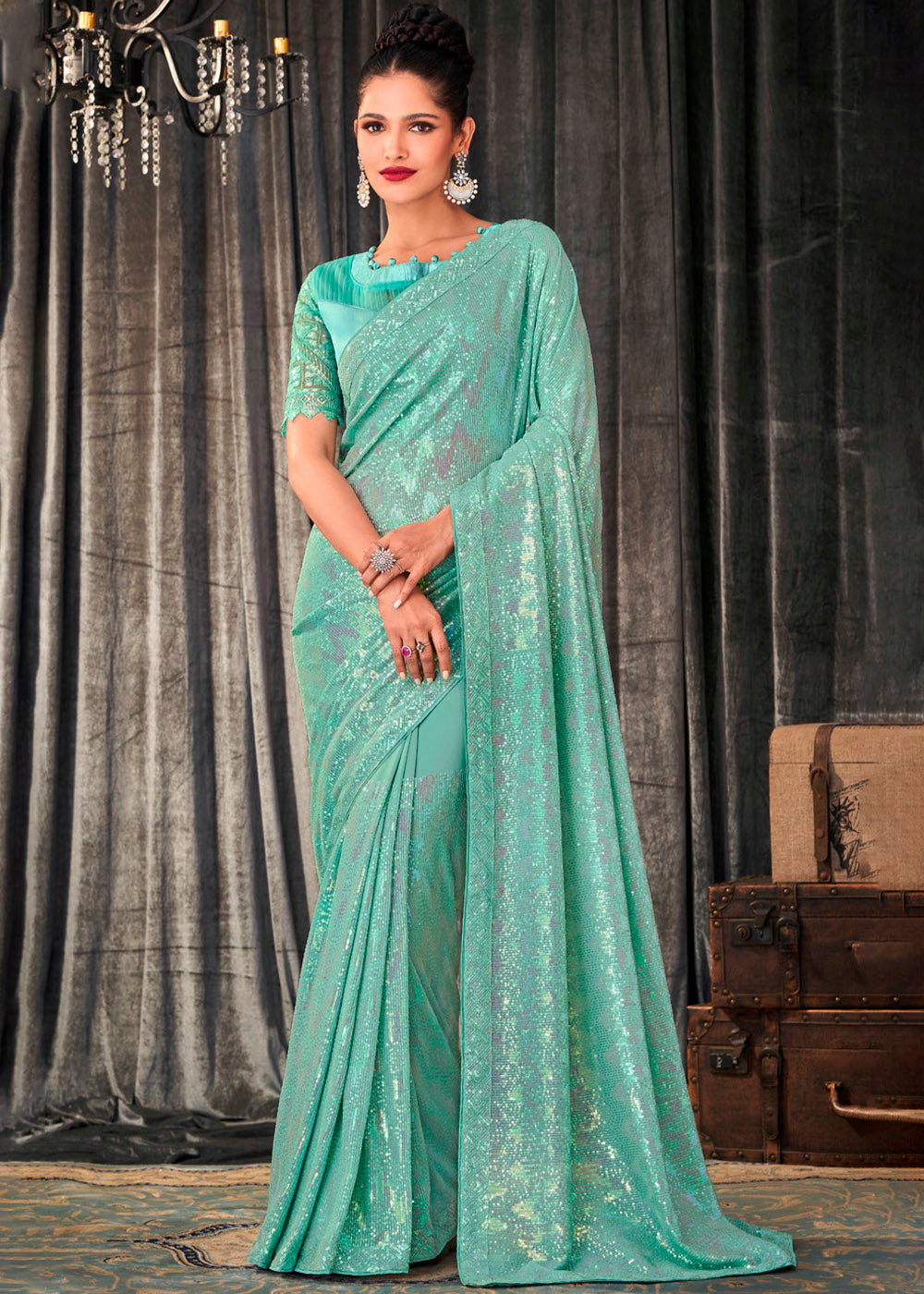 Sheen Blue Sequins Embroidered Designer Georgette Saree