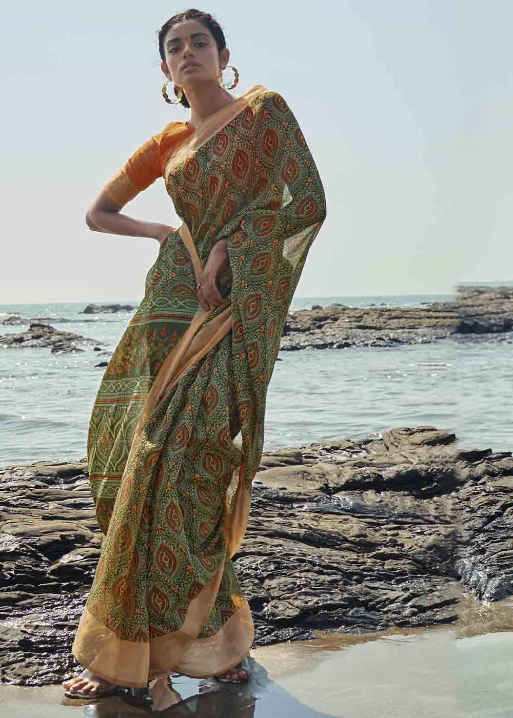 Misty Green Printed Cotton Saree