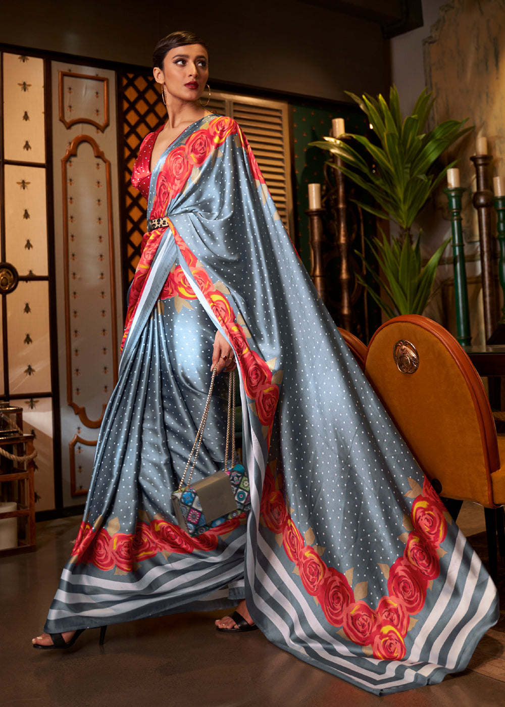 Shadow Grey and Red Printed Satin Silk Saree