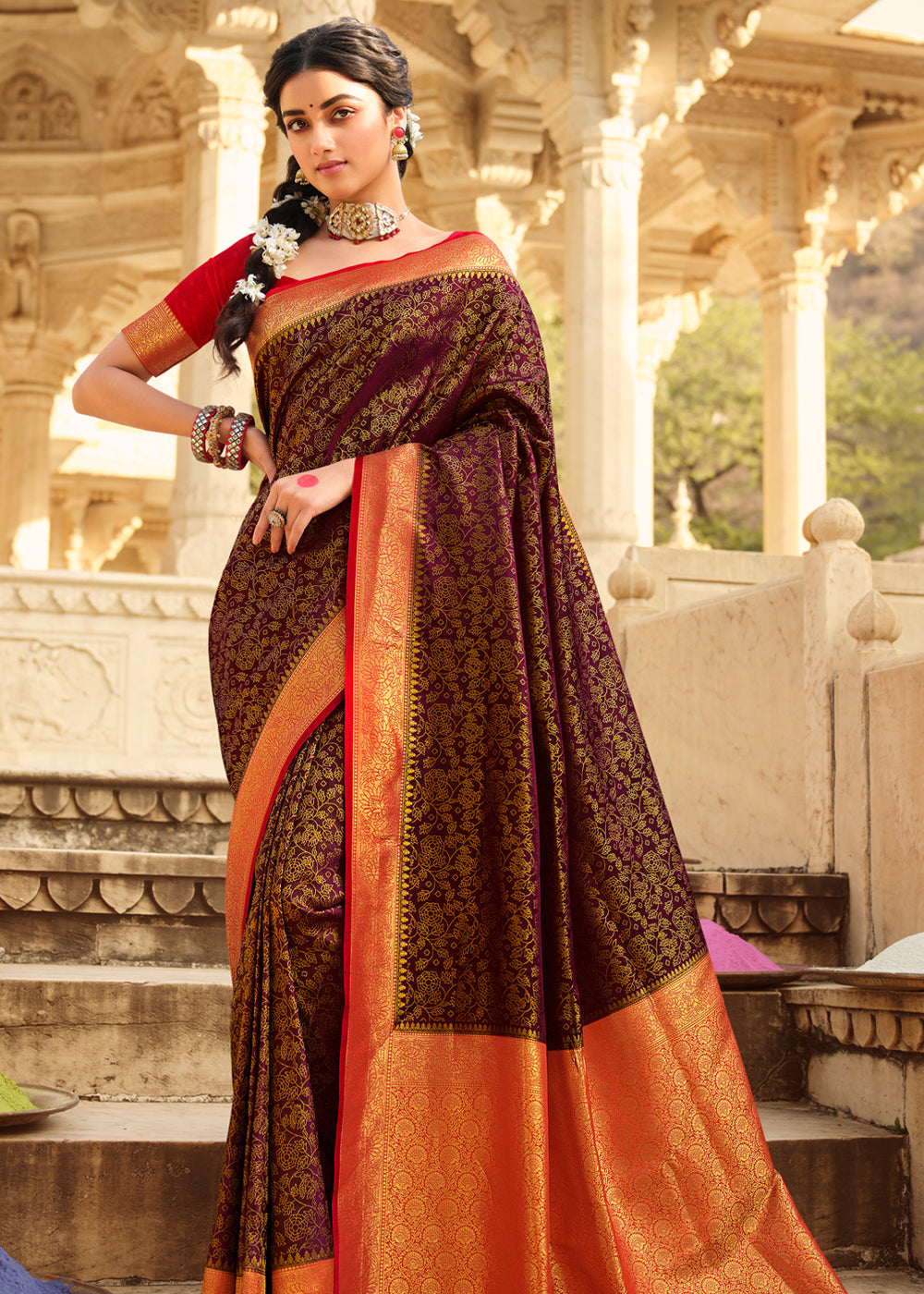 Rebel Brown and Red Zari Woven Kanjivaram Saree