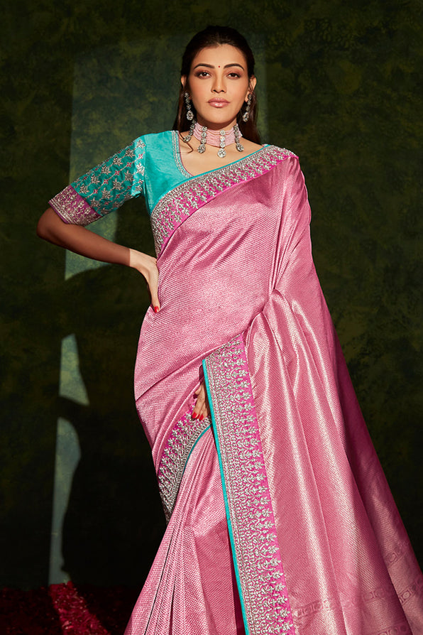 Shimmering Pink and Blue South Silk Saree