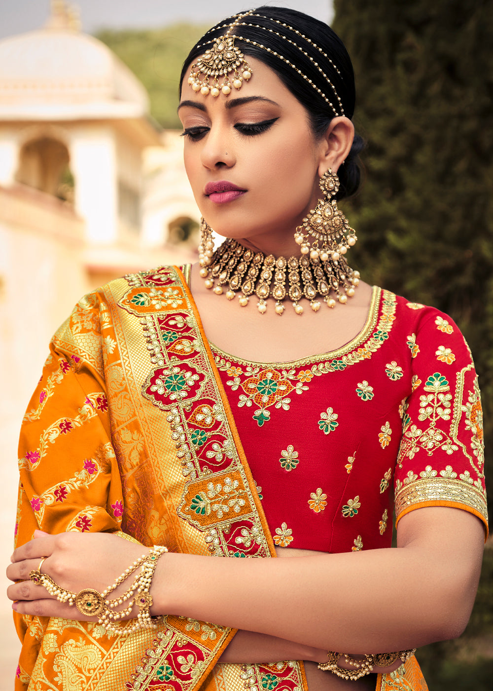 Ochre Orange and Heavy Embroidered Lehenga