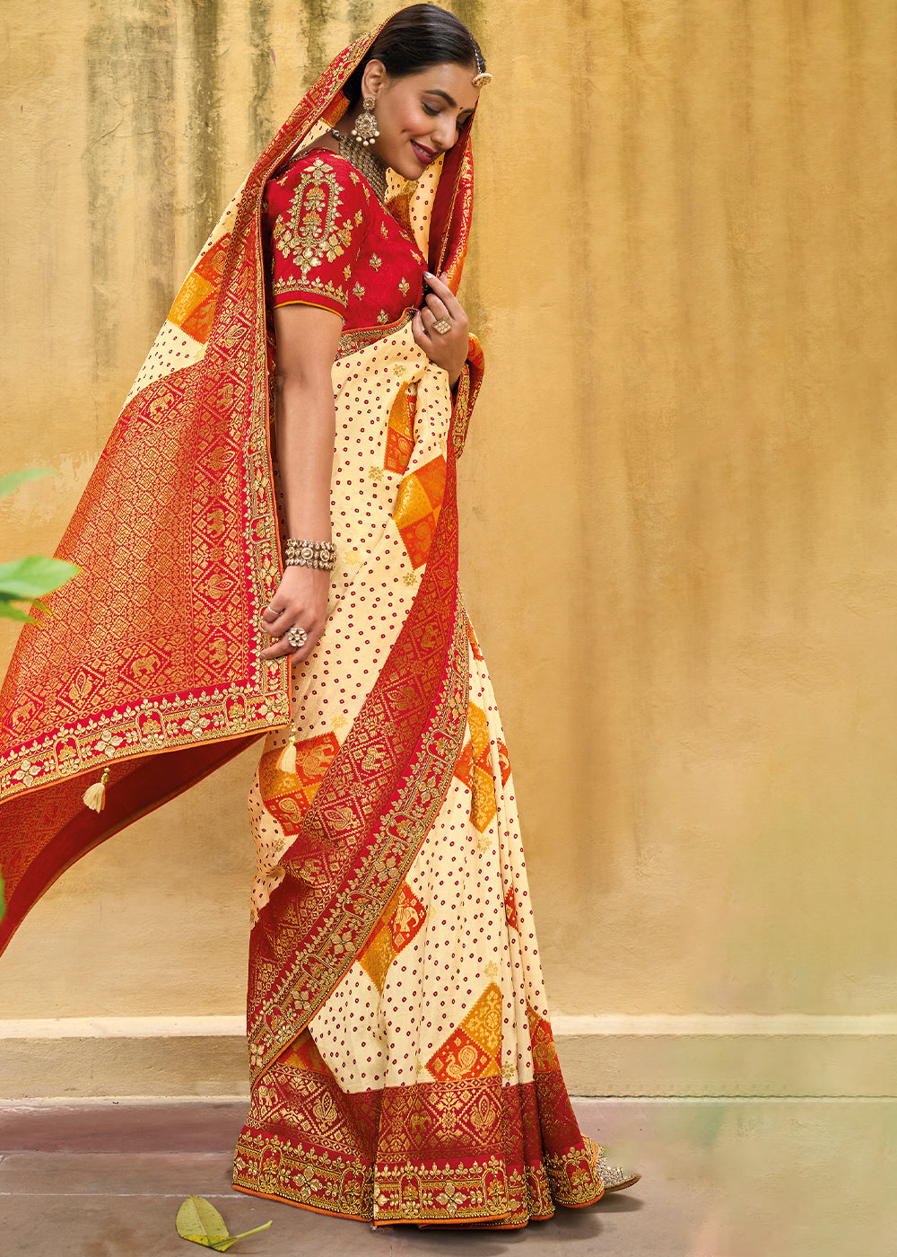 Banana Cream and Red Embroidered Dola Silk Saree