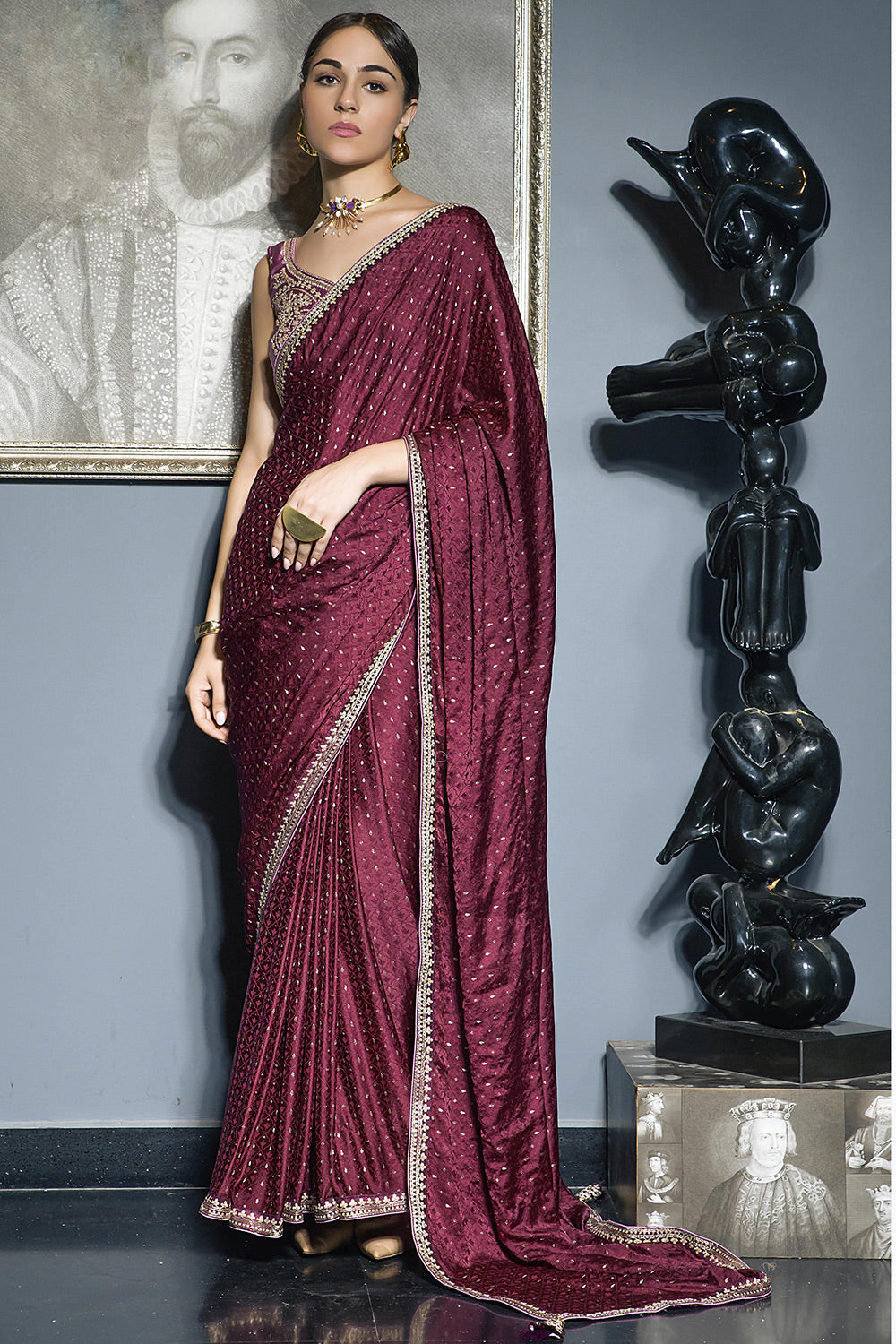 Cannon Maroon Satin Saree