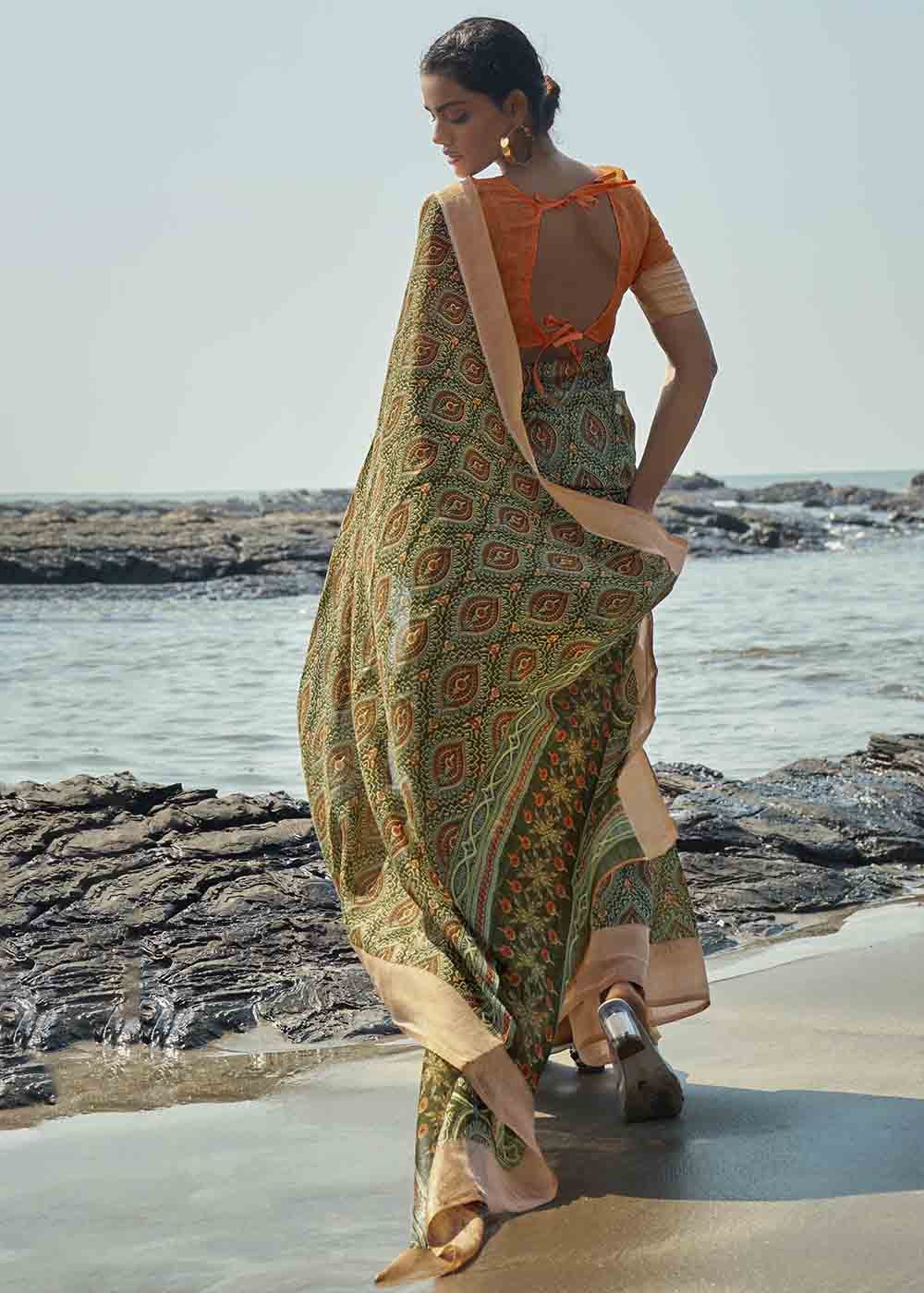 Misty Green Printed Cotton Saree