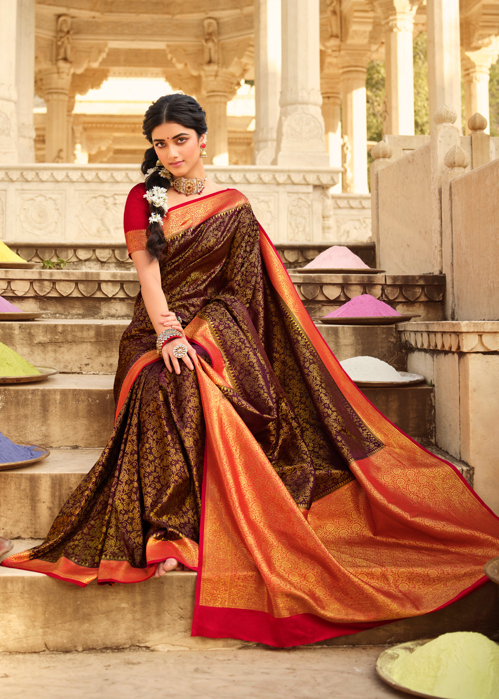 Rebel Brown and Red Zari Woven Kanjivaram Saree