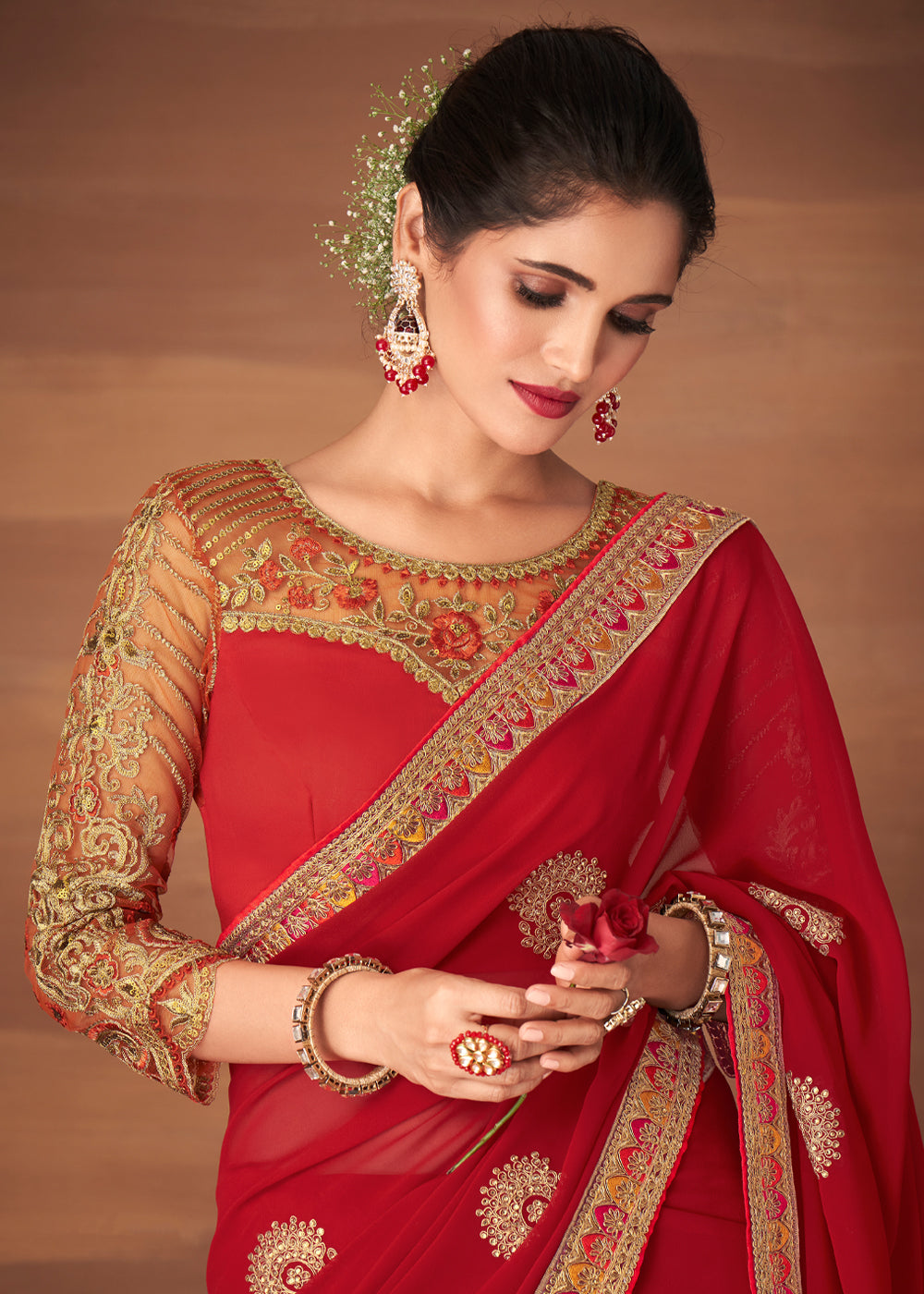 Chestnut Rose Red Designer Saree with Embroidered Blouse