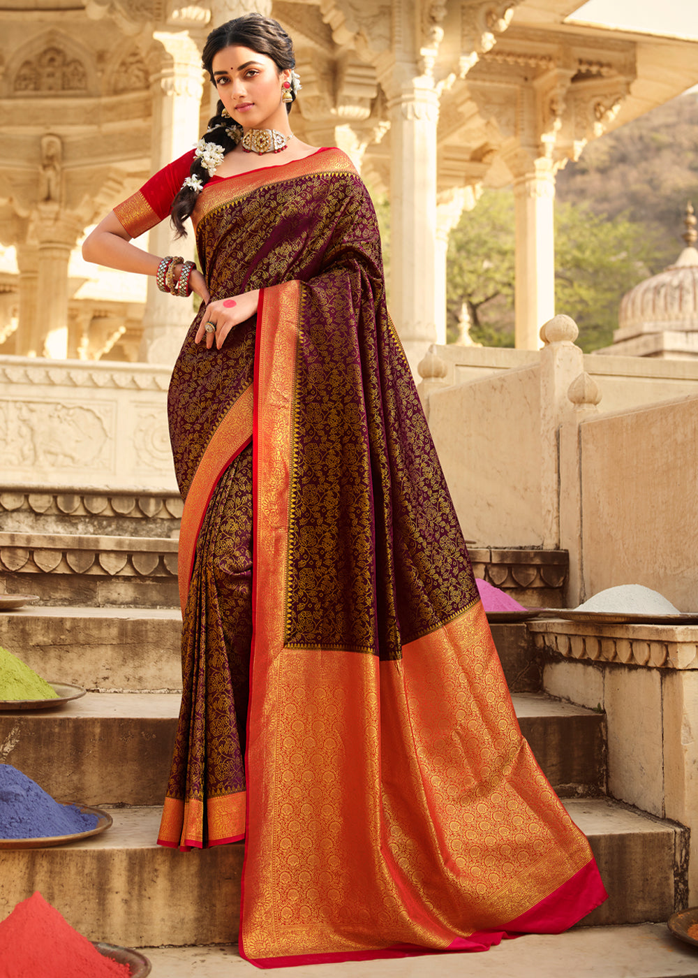 Rebel Brown and Red Zari Woven Kanjivaram Saree