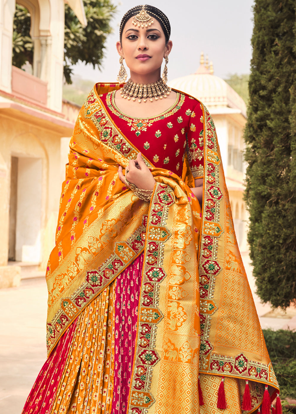 Ochre Orange and Heavy Embroidered Lehenga